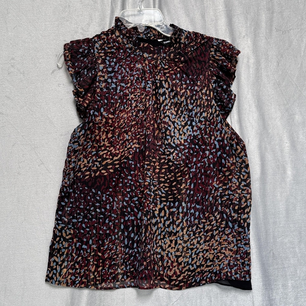Express Shirt Blouse Womens Medium Pleated Mock Neck Ruffle Sleeve Animal‎ Print
